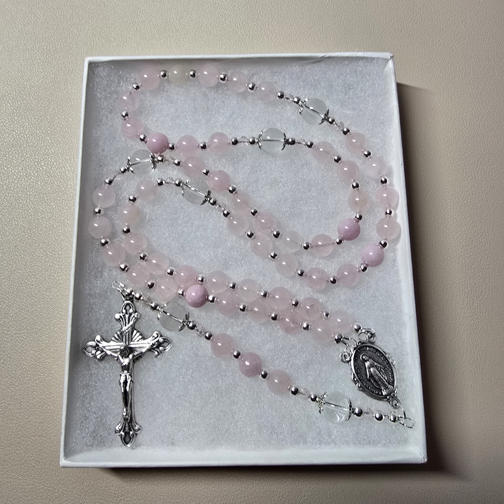Large One Of A Kind Hand Crafted Rosary Made With Natural Rose And Clear Quartz